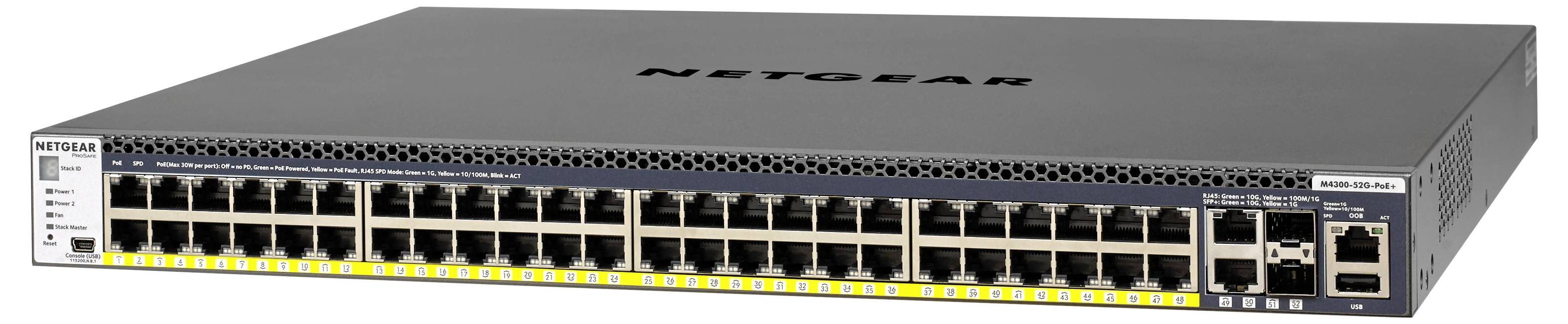 NETGEAR Rack-Mount-Ethernet-Switch mit mehreren Anschlüssen auf der Frontplatte und Status-LEDs, dargestellt in einem silbernen Metallgehäuse.