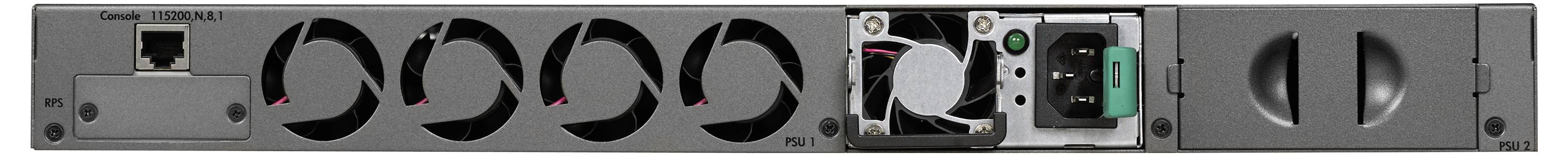 Rückansicht eines Rack-Mount-Servers mit Kühlventilatoren, Netzteil, Anschlüssen und einer Netzwerk-/Stromverbindungsplatine.