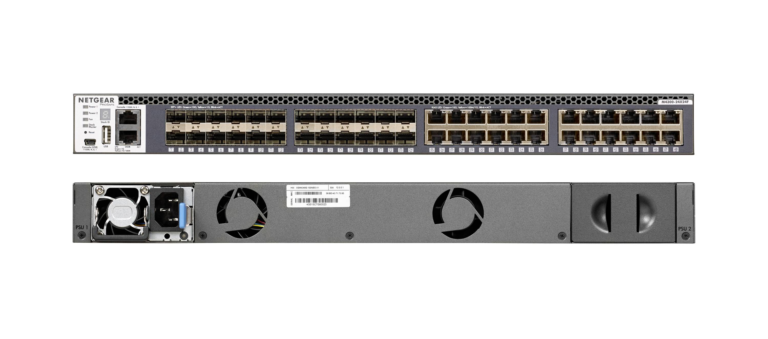 Vorder- und Rückansichten eines NETGEAR-Rack-montierten Ethernet-Switches mit mehreren RJ45-Anschlüssen, Status-LEDs, Stromversorgung und Kühlventilatoren.