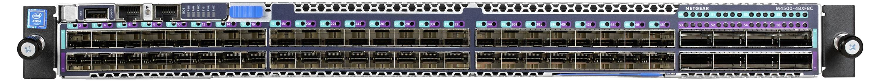 Vorderansicht eines in ein Regal eingebauten Netzwerk-Switches mit vielen Ethernet-Anschlüssen und Status-LEDs, dargestellt in einem Server-Rack-Formfaktor.