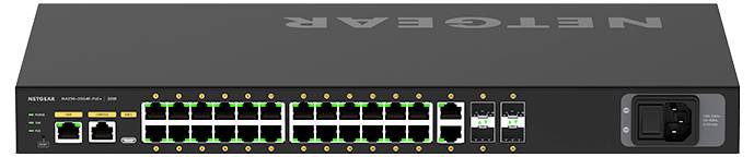 Vorderansicht eines NETGEAR-Netzwerk-Switches mit vielen Ethernet-Anschlüssen, Status-LEDs und einem Stromstecker auf der rechten Seite.
