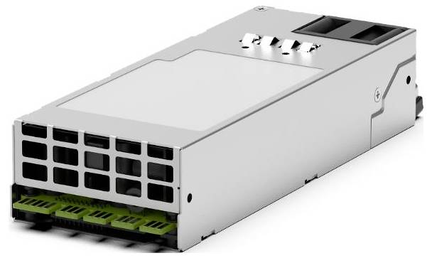 Silbernes rechteckiges elektronisches Modul mit Belüftungsgitter an der Vorderseite, grünen Steckerports und oberen Anschlüssen, dargestellt auf weißem Hintergrund.