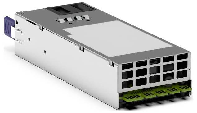 Metallisches rechteckiges Server-Stromversorgungsmodul mit frontalem Belüftungsgitter und grünen Anschlussanschlüssen, dargestellt auf weißem Hintergrund.