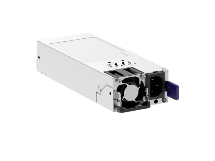 Austauschbare Server-Stromversorgungseinheit mit Kühlventilator und Stromstecker, dargestellt in weißem Metallgehäuse auf einfachem Hintergrund.