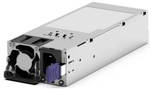 Ein Hot-Swap-Serverstromversorgungsmodul mit Kühlventilator, dargestellt in silberner Metallverkleidung mit vorderen Anschlüssen und Verschlüssen.