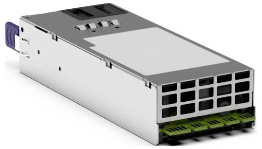 3D-Rendering eines metallischen elektronischen Steckverbindermoduls mit einem Rasterfeld von Anschlüssen und grünen Leiterplattenkontakten, dargestellt in Perspektive auf weißem Hintergrund