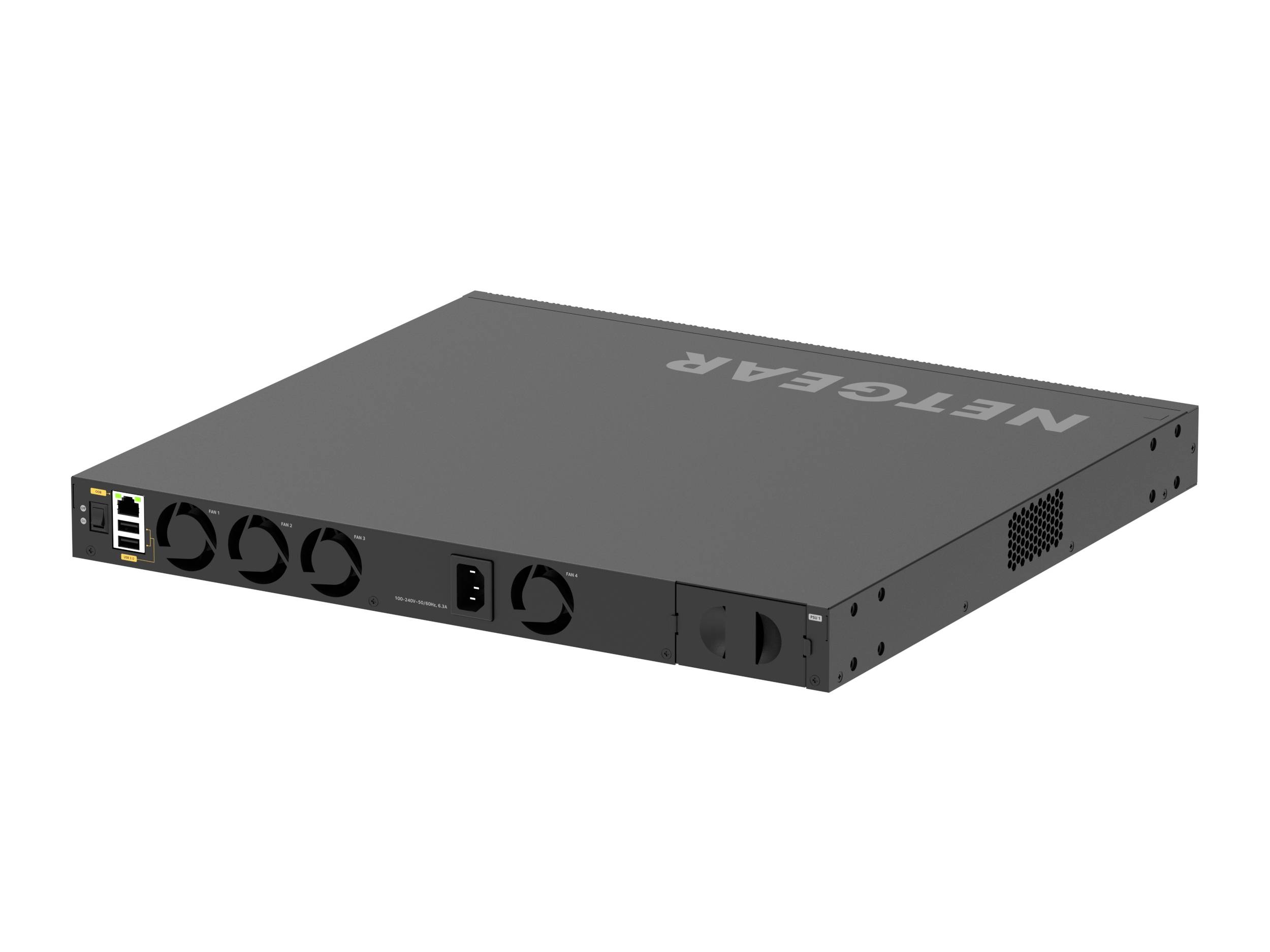 Schwarzer NETGEAR-Netzwerkschalter zum Einbau in Rack, in einer Schrägansicht gezeigt, mit sichtbaren vorderen Anschlüssen und Statusleuchten.