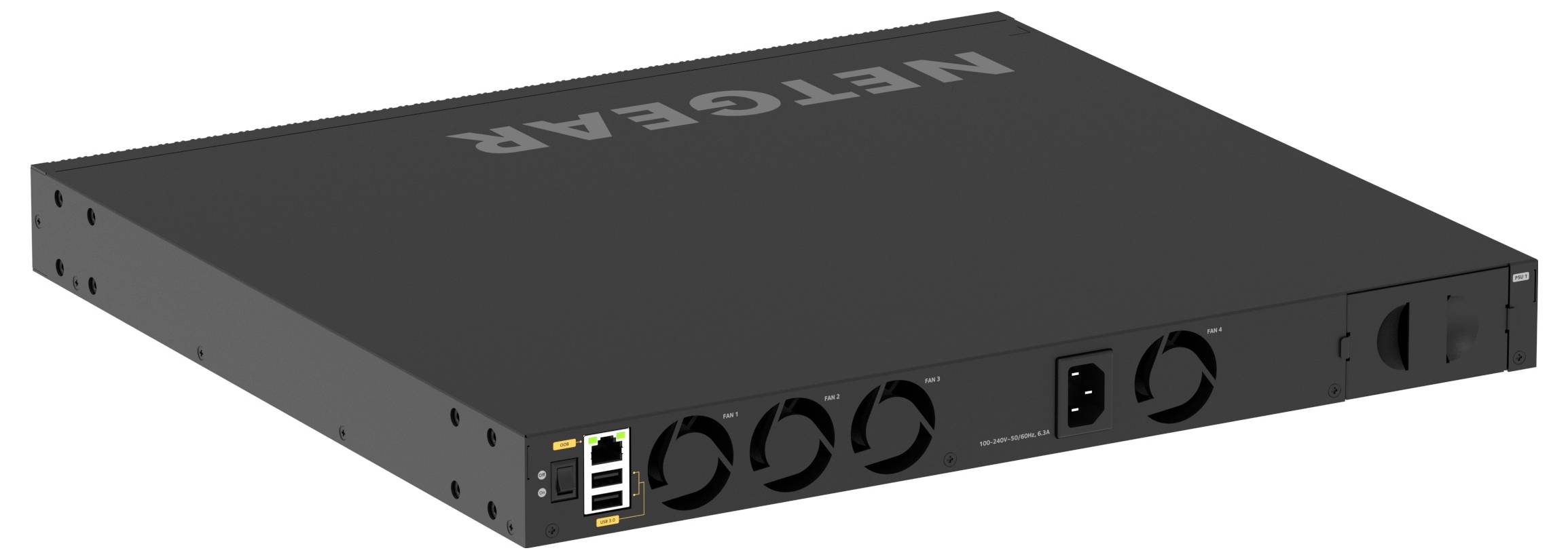 Schwarzes NETGEAR-Netzwerkgerät in perspektivischer Darstellung, ein Rack-Mount-Switch/Frontpanel mit Anschlüssen und Kühlventilatoren.