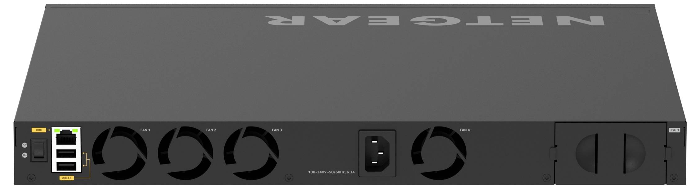 Vorderansicht eines NETGEAR-Netzwerk-Switches mit vielen Ethernet-Anschlüssen und einigen Uplink-Anschlüssen, die Statusleuchten entlang der Unterseite zeigen.