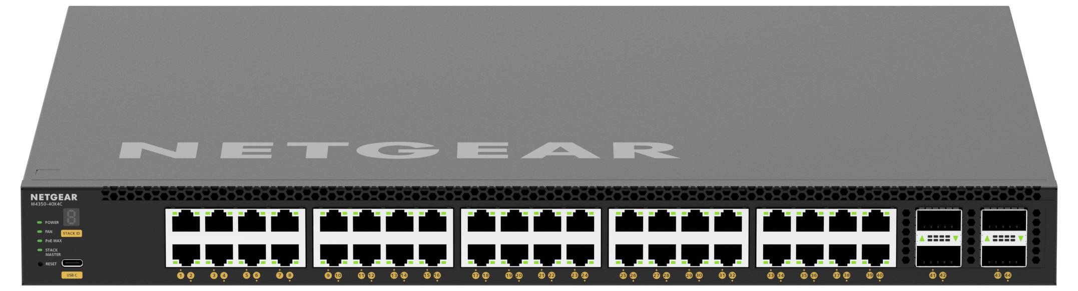 Vorderansicht eines NETGEAR-Netzwerk-Switches mit mehreren Ethernet-Ports und Statusleuchten, die zur Verbindung verkabelter Geräte in einem Netzwerk verwendet werden.