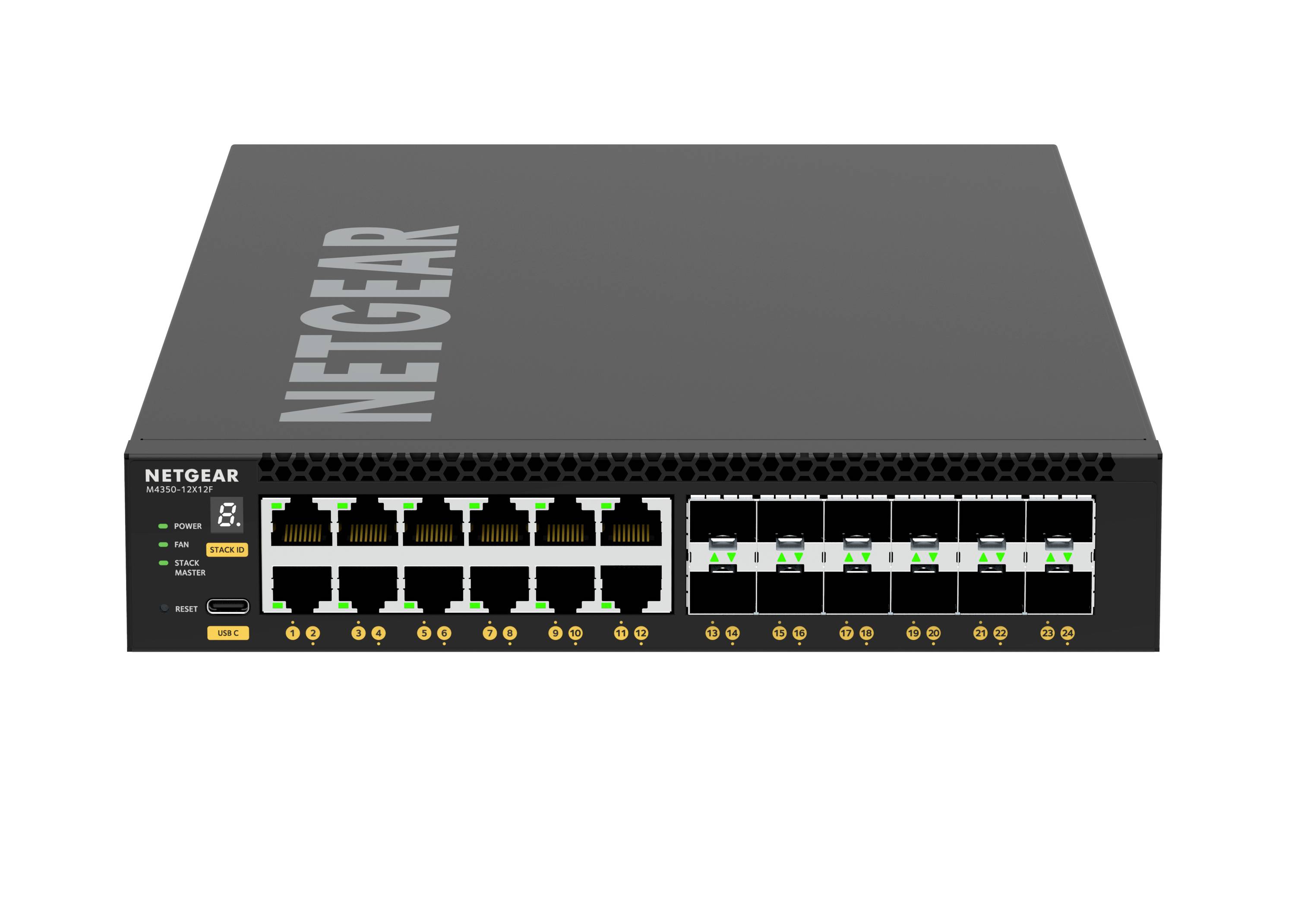 NETGEAR-Netzwerk-Switch Vorderansicht mit 16 Ethernet-Anschlüssen, Statusleuchten und Ein-/Aus- sowie Reset-Tasten auf einem schwarzen Rack-Mount-Gerät.