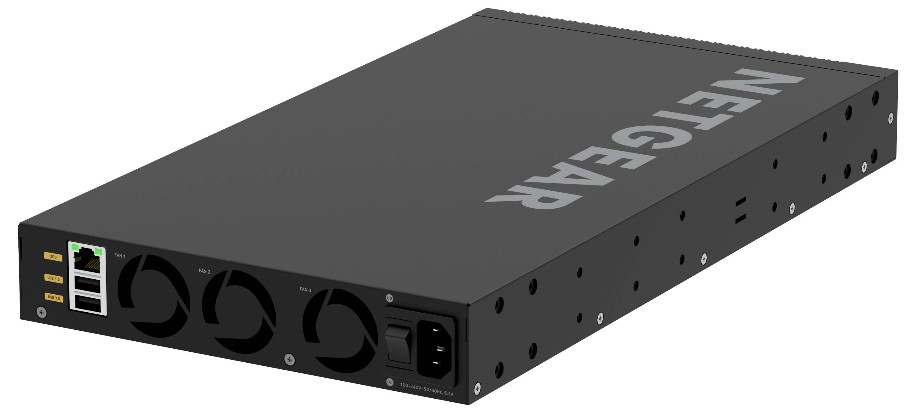 Vorderansicht von links eines NETGEAR Rack-Mount-Netzwerk-Switches mit mehreren Ethernet-Anschlüssen, Kühlungsventilatoren und Stromeingang auf einem schwarzen Metallgehäuse.