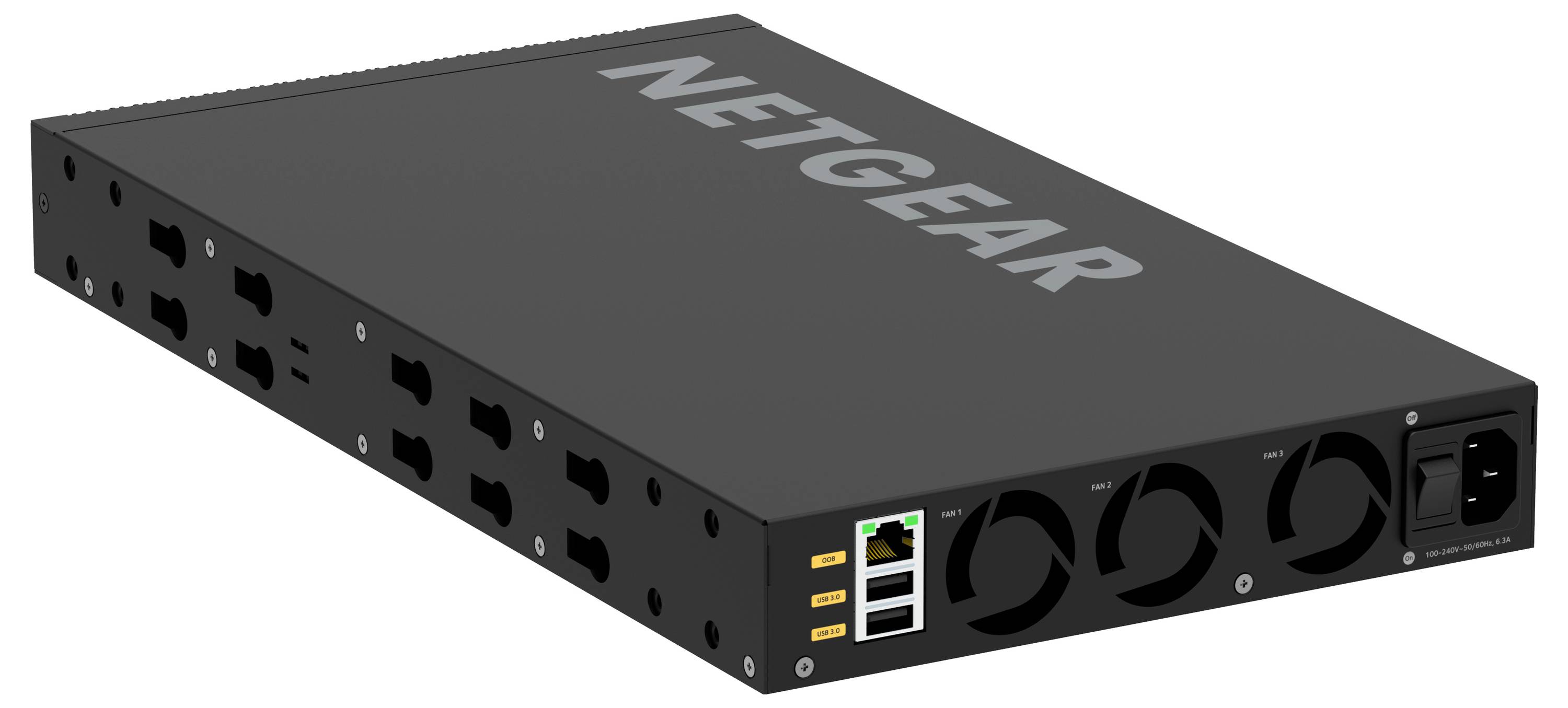 Schwarzer NETGEAR-Netzwerk-Switch mit mehreren Ethernet-Anschlüssen, Statusleuchten und Stromeingang auf der Frontblende.