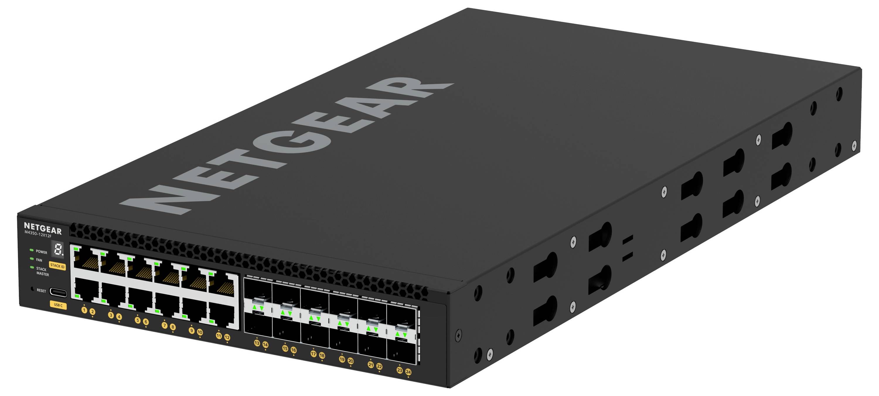 Schwarzer NETGEAR-Netzwerk-Switch zur Rackbefestigung mit mehreren Ethernet-Anschlüssen auf der Vorderseite und Lüftungsöffnungen an der Seite.