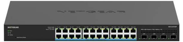 Netgear 24-Port-Ethernet-Switch mit Frontplatte mit Port-Statusleuchten und zwei Uplink-Ports.