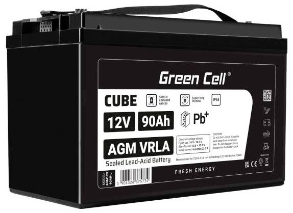 Black Green Cell Cube 12V 90Ah AGM VRLA versiegelte Bleisäurebatterie mit Tragegriff und Frontschild.