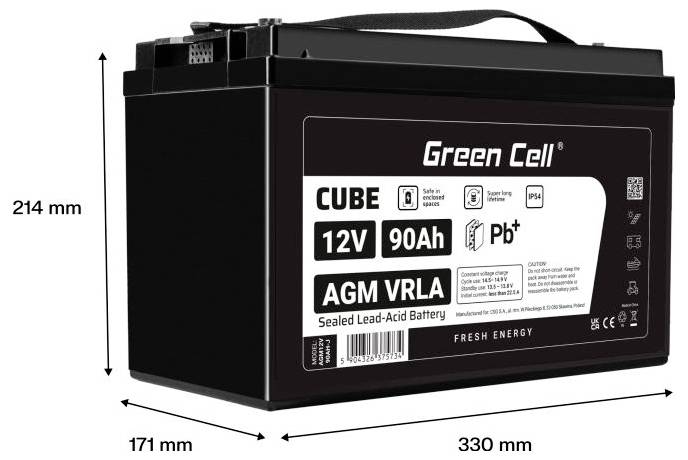 Black Green Cell CUBE 12V 90Ah AGM VRLA versiegelte Blei-Säure-Batterie, mit den Abmessungen 330 mm Länge, 171 mm Breite und 214 mm Höhe.