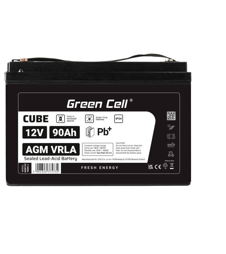 Black Green Cell 12V 90Ah AGM VRLA versiegelte Blei-Säure-Batterie mit Obergriff und Produktetikett.