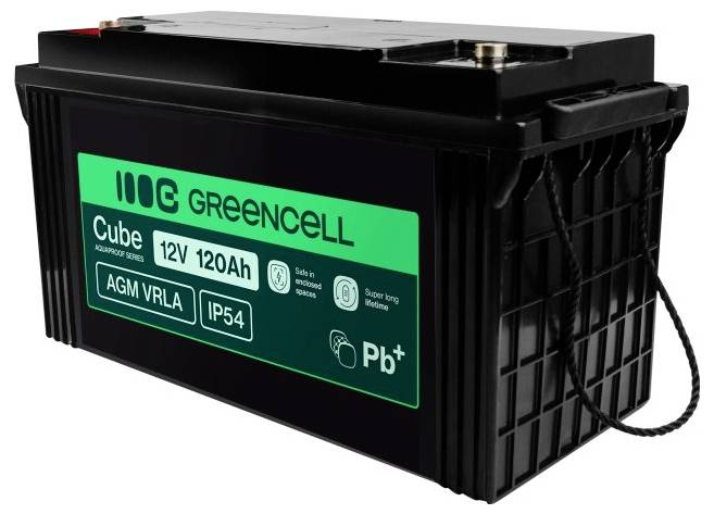 Schwarze Greencell Cube 12V 120Ah AGM VRLA-Batterie mit IP54-Schutzart und Pb+-Kennzeichnung, dargestellt vor weißem Hintergrund.