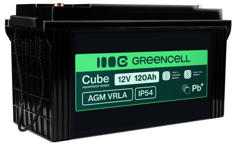 Schwarze Greencell Cube AGM VRLA 12V 120Ah Batterie mit grünem Etikett, IP54 und Pb+ Markierungen.