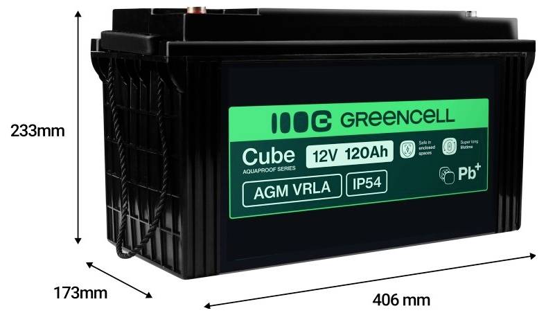 Black Greencell Cube 12V 120Ah AGM VRLA Batterie mit den Abmessungen 406 mm x 173 mm x 233 mm.