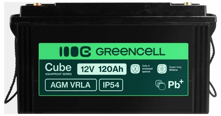 Schwarzer Greencell Cube AGM VRLA-Akku mit der Bezeichnung 12V 120Ah, IP54 und Pb+, dargestellt in Vorderansicht mit Tragegriffen.