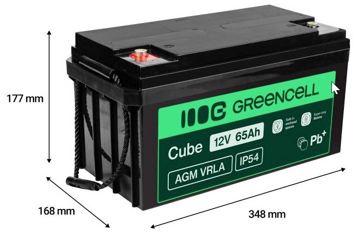 Black Greencell Cube AGM VRLA 12V 65Ah Batterie mit den Abmessungen 348 mm Länge, 168 mm Breite und 177 mm Höhe.