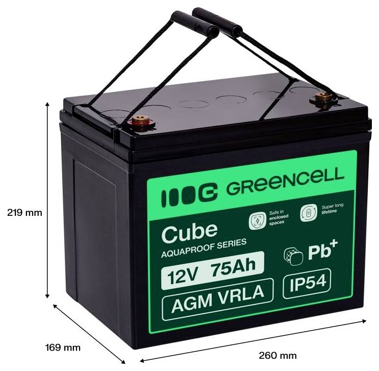 Schwarze Greencell Cube 12V 75Ah AGM VRLA-Batterie mit Tragegriff, abgebildet mit Abmessungen von 260 mm Breite, 169 mm Tiefe, 219 mm Höhe.