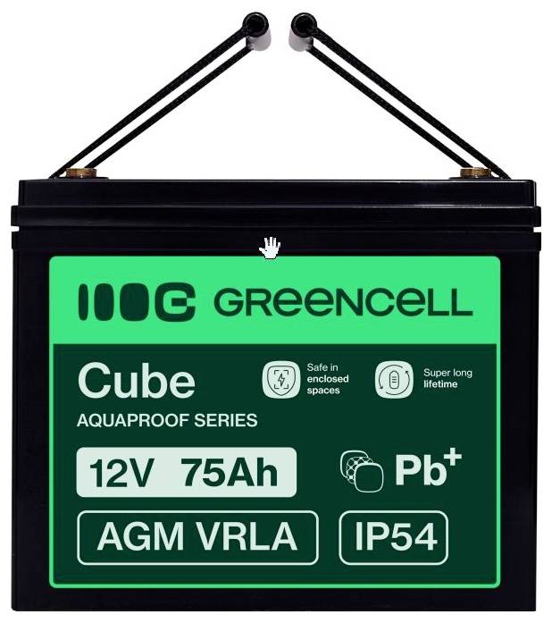 GreenCell Cube Aquaproof Serie 12V 75Ah AGM VRLA-Batterie mit Griffen und IP54-Schutzart.