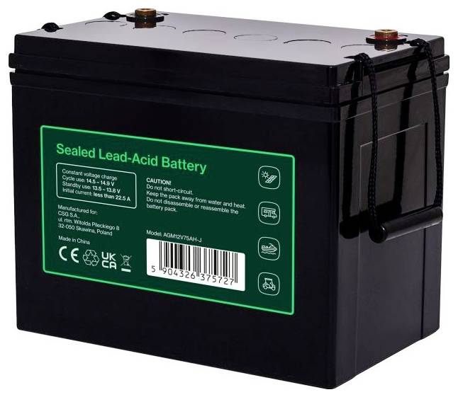 Schwarze versiegelte Blei-Säure-Batterie mit grünem Etikett, Anschlüsse oben und ein Tragegriff auf der rechten Seite.
