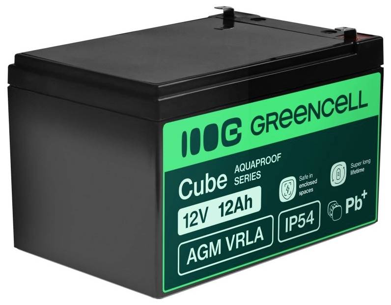 Schwarze GreenCell Cube AGM VRLA-Batterie mit Bezeichnung 12V 12Ah, IP54, für sichere geschlossene Räume und Langzeitnutzung.