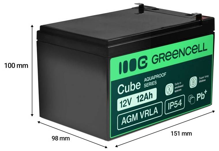 Black Green Cell Cube 12V 12Ah AGM VRLA-Batterie in 3D dargestellt, beschriftet mit 151 mm Breite, 98 mm Tiefe und 100 mm Höhe.