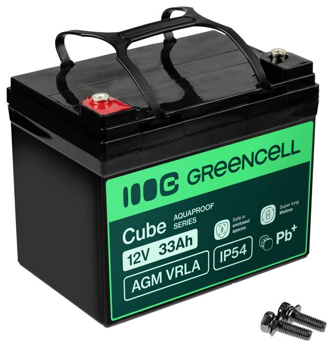 Schwarze 12V 33Ah GreenCell AGM VRLA-Batterie mit Tragegriff und roten/schwarzen Anschlüssen, dargestellt mit zwei Schrauben auf weißem Hintergrund.