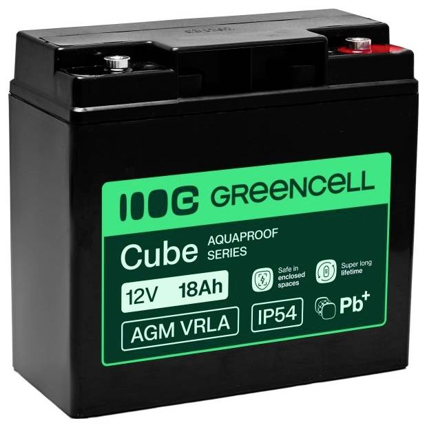 Schwarze GREENCELL Cube 12V 18Ah AGM VRLA Batterie mit grünem Etikett und Oberflächenpolklemmen.