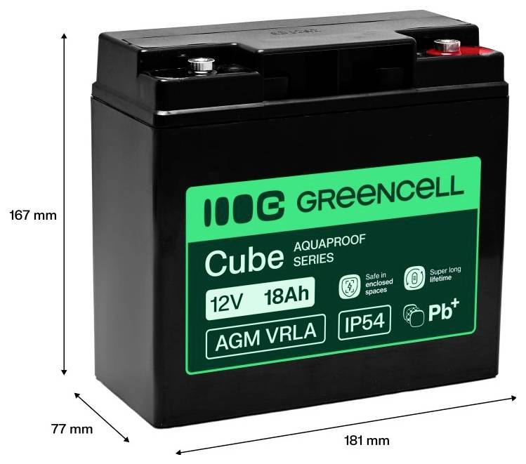 Black Greencell Cube 12V 18Ah AGM VRLA Batterie, gezeigt mit Abmessungen 181 mm Breite, 167 mm Höhe, 77 mm Tiefe.