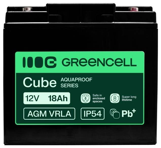 Schwarze GreenCell Cube Aquaproof 12V 18Ah AGM VRLA Batterie mit IP54-Schutzart und Pb+-Kennzeichnung.