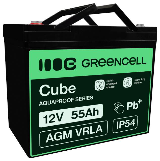 Schwarze Greencell Cube 12V 55Ah AGM VRLA Batterie mit Tragegriff und IP54-Kennzeichnung, dargestellt auf weißem Hintergrund.