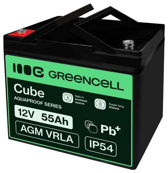 Schwarze Greencell Cube 12V 18Ah AGM VRLA-Batterie mit grünem Etikett, gezeigt in Dreiviertelsansicht auf weißem Hintergrund.