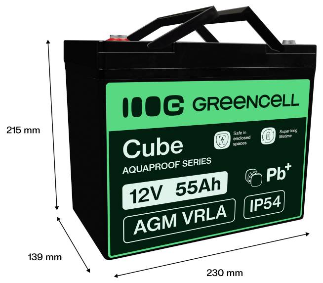 Green Cell Cube 12V 55Ah AGM-VRLA-Batterie, dargestellt mit Abmessungen von 230 mm Breite, 215 mm Höhe und 139 mm Tiefe.