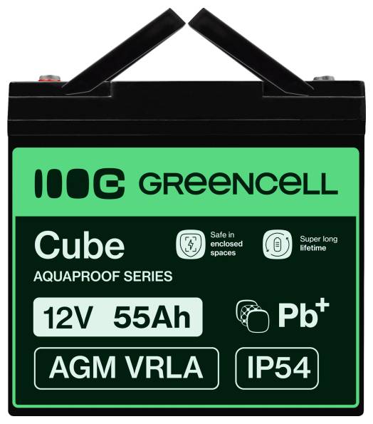 Schwarze GreenCell Cube AQUAPROOF Serie Batterie mit Kennzeichnung 12V 55Ah, AGM VRLA, Pb+, IP54, mit Tragegriff.