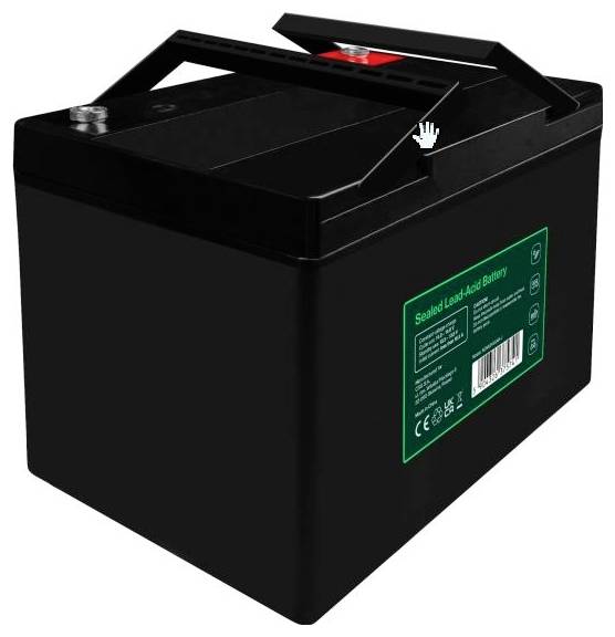 Schwarze versiegelte Blei-Säure-Batterie mit Oberflächenpolklemmen und grünem Produktetikett, dargestellt auf weißem Hintergrund.