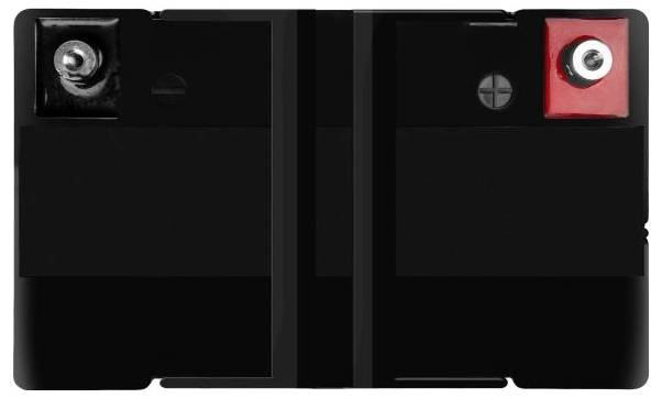 Schwarze rechteckige Batterie mit nebeneinander angeordneten Anschlüssen, negativ auf der linken Seite und positiv auf der rechten Seite, von oben dargestellt.