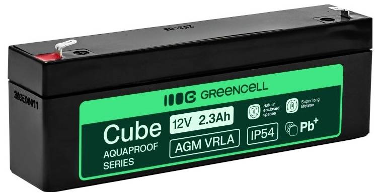 Black Green Cell Cube 12V 2.3Ah AGM VRLA versiegelter Bleiakkumulator mit grünem Etikett und roter Polkappe.