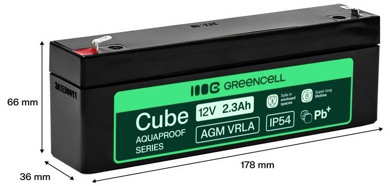 Schwarze rechteckige Batterie mit der Bezeichnung „Cube 12V 2.3Ah