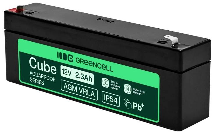 Black Greencell Cube AGM VRLA 12V 2,3Ah wiederaufladbarer Akku mit grünem Etikett und Anschlussbolzen