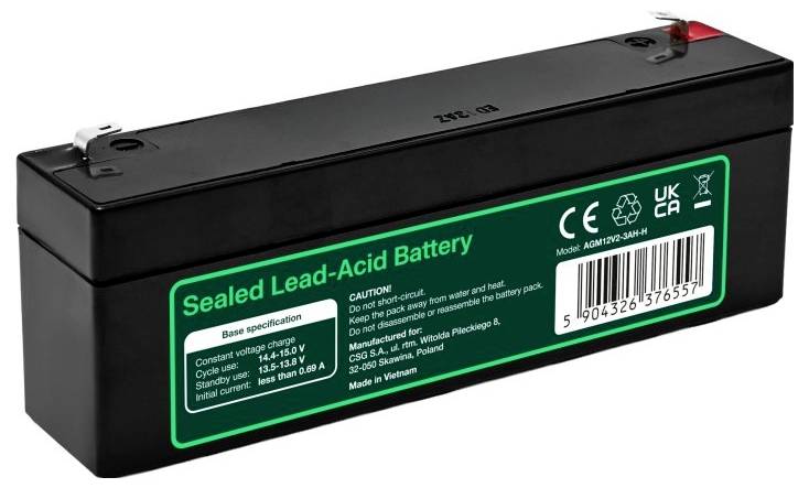 Schwarze versiegelte Bleiakkumulator-Batterie mit grün beschrifteten Spezifikationen und Anschlüssen oben.