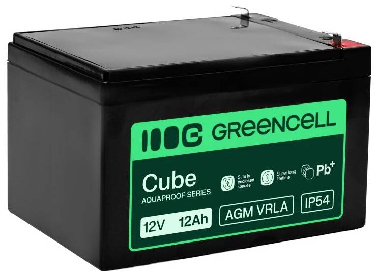 Schwarzer 12V 12Ah Greencell AGM VRLA wiederaufladbarer Akku mit grünem Frontetikett und Anschlüssen oben.