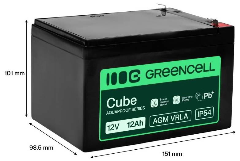 Schwarze GreenCell Cube AGM VRLA wiederaufladbare Batterie mit Bezeichnung 12V 12Ah, mit Abmessungen 151 mm breit, 98,5 mm tief und 101 mm hoch.