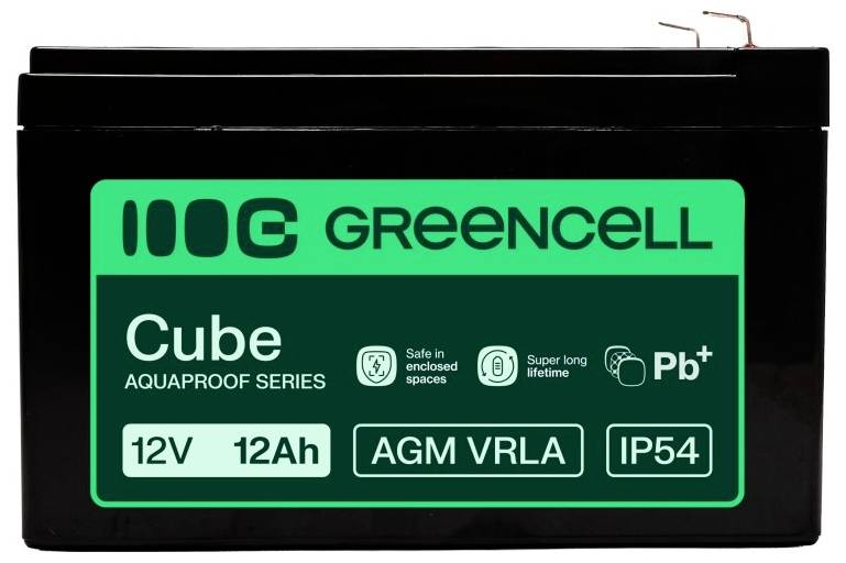 Schwarze Greencell Cube Aquaproof Serie 12V 12Ah AGM VRLA Batterie mit IP54-Schutzart und Pb+-Kennzeichnung.
