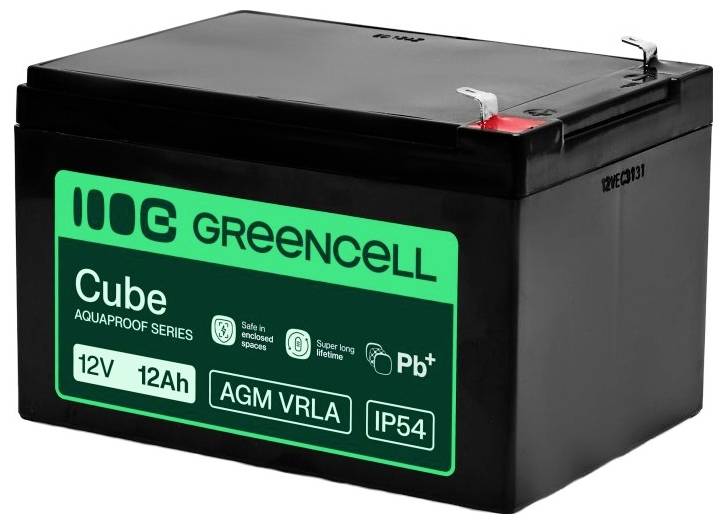Schwarze Greencell Cube 12V 12Ah AGM VRLA Batterie mit grünem Etikett und Polklemmen oben.